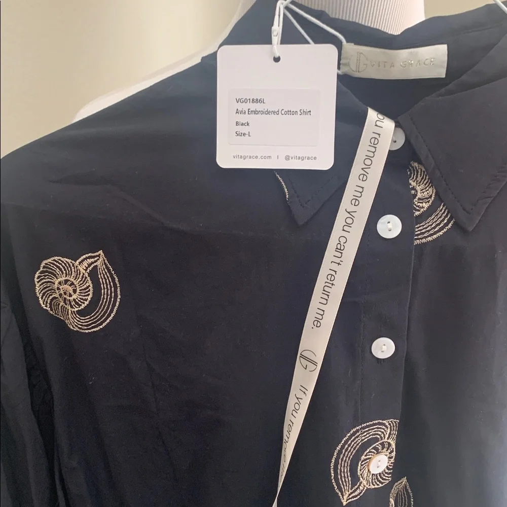Vita Grace “Avia” Cotton Embroidered Shirt in Black - Picture 12 of 14